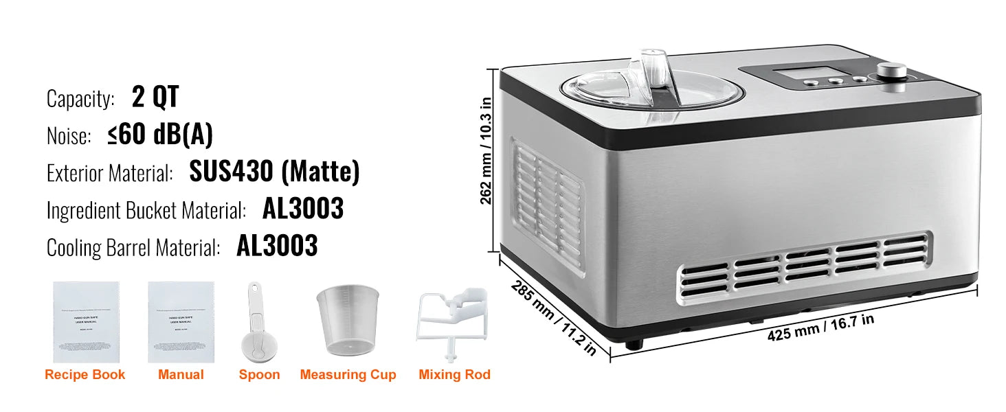 SucceBuy Máquina de Helados Eléctrica 2Qt | Compresor Integrado | Sin Pre-congelar | Yogur y Sorbete