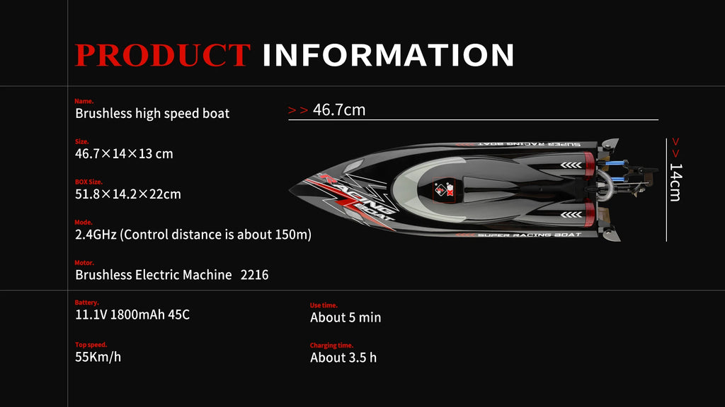 WLtoys WL916 RC Boat 2.4Ghz 55KM/H Brushless High Speed Racing Ship Remote Control Speedboat Toys For Adults with 2 Batteries - Firu Total Sales