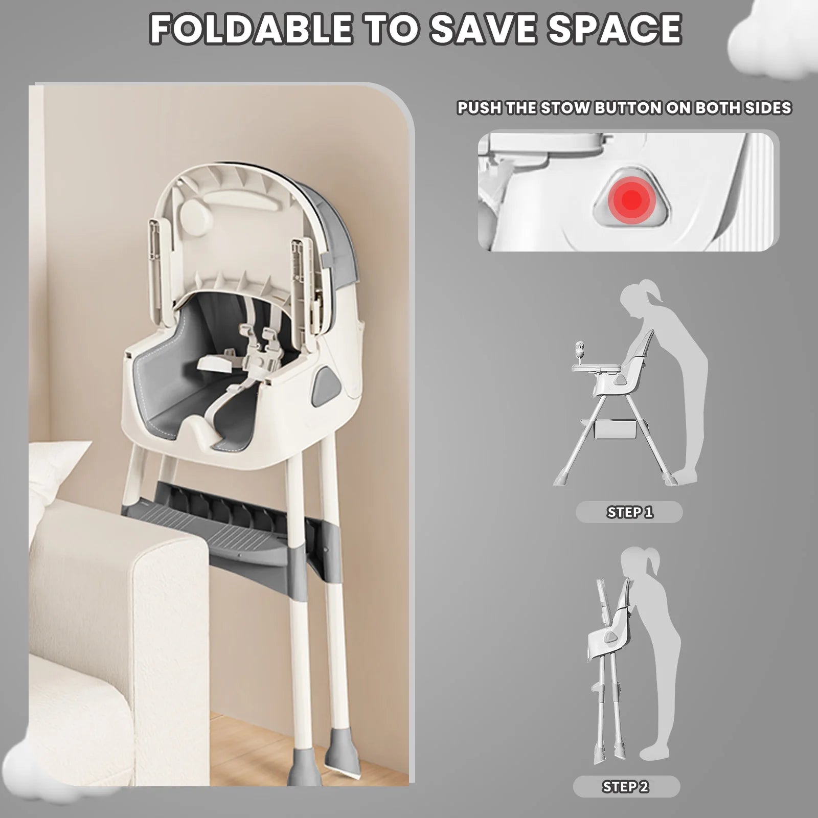 Silla Alta Plegable para Bebé E500 | Almohadilla Antideslizante y Porta Juguetes