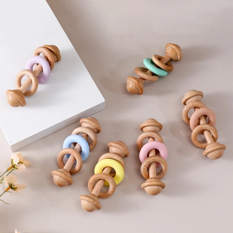 Wooden Rattle Silicone Ring — Sensory Baby Toy | 0-12 Months Gift