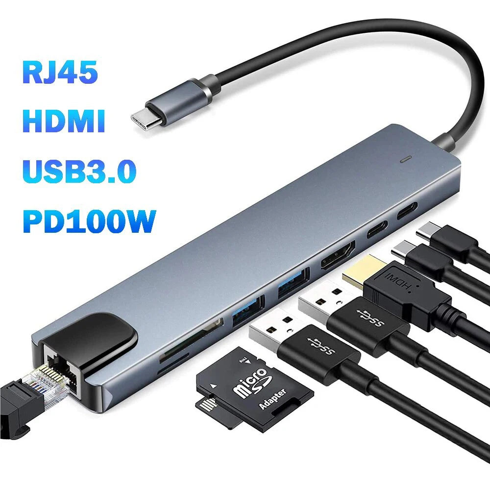 Hub USB-C 8 en 1 FEIWIMI | HDMI 4K 30Hz | RJ45 100Mbps | VGA | PD 100W | Docking Station - Firu Total Sales