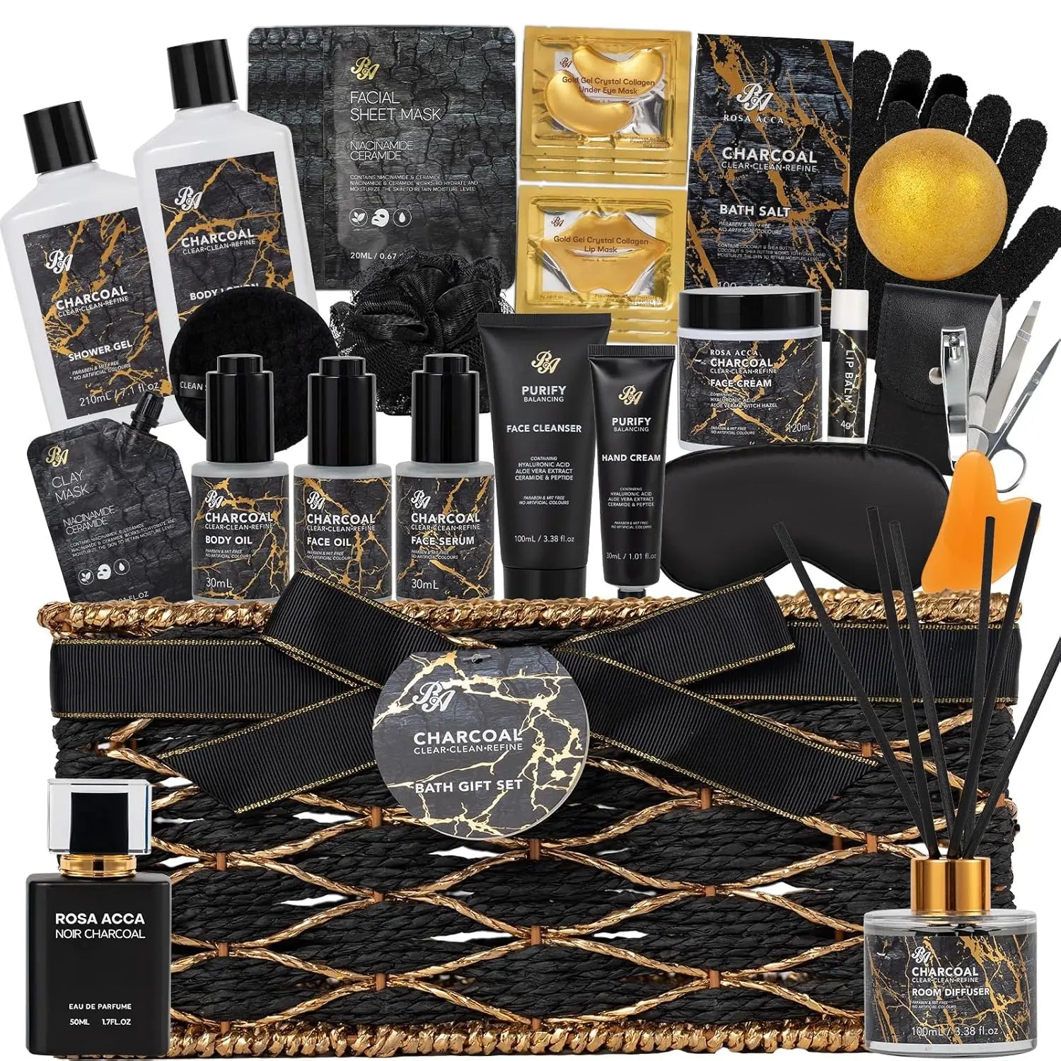 35 Pcs Valentines Day Gift Basket for Women & Men, Charcoal Bath & Body Kit with Diffuser, Shower Gel, Massage Oil