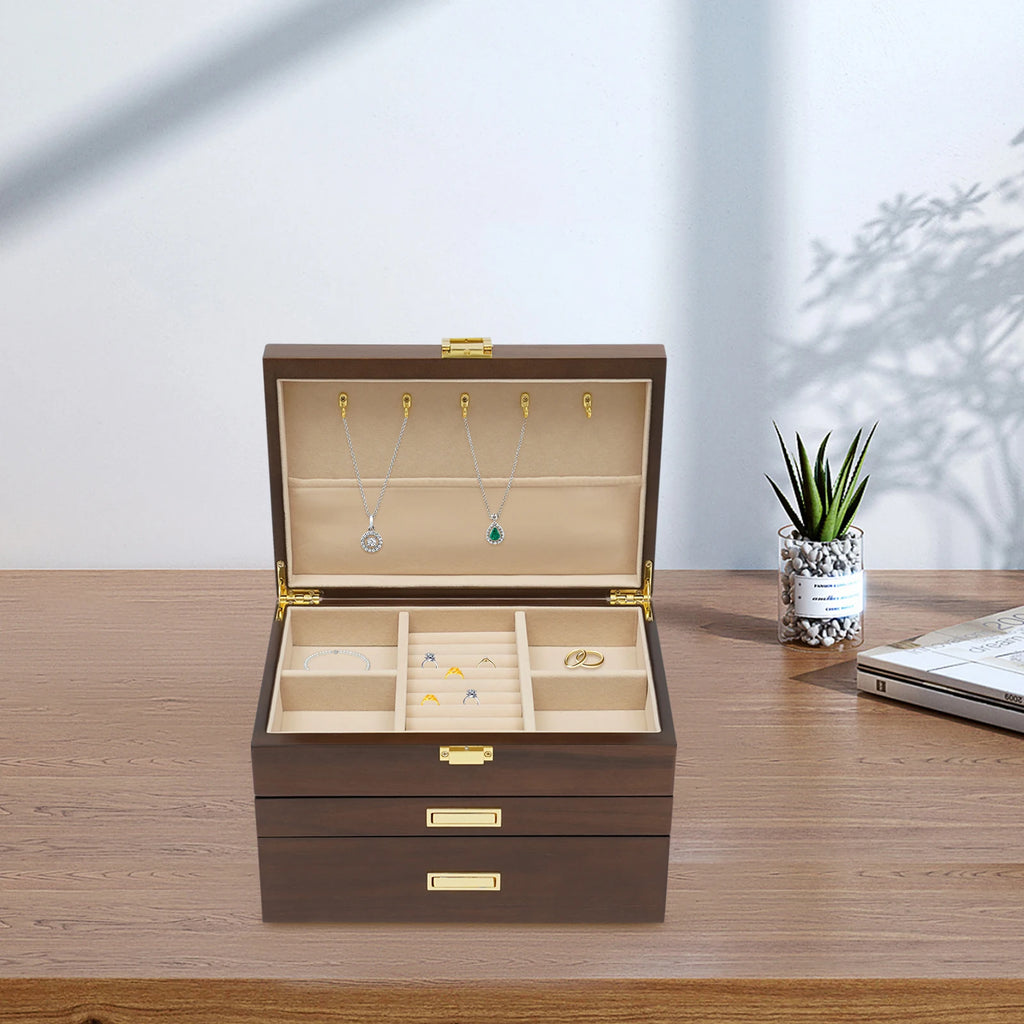 Black Walnut /Brown / White Wood Organizer Jewelry and Watch Display Case Storage Box Convenient