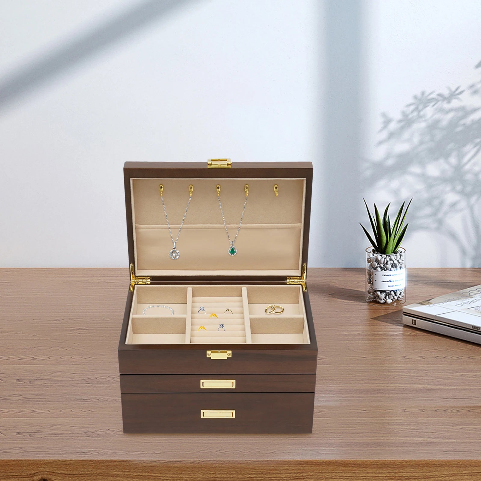 Black Walnut /Brown / White Wood Organizer Jewelry and Watch Display Case Storage Box Convenient