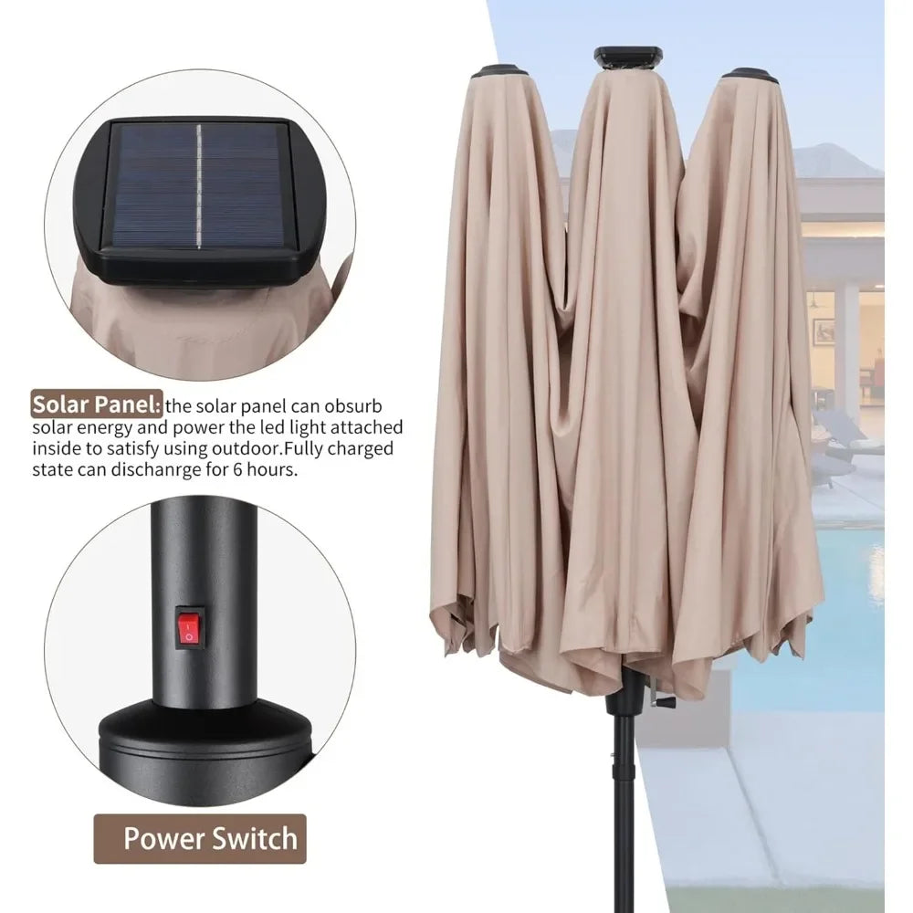 13ft Rectangular Patio Umbrella with 36 Solar LED Lights, Ultimate Sun Protection, Easy To Shake, for Deck, Garden, Khaki