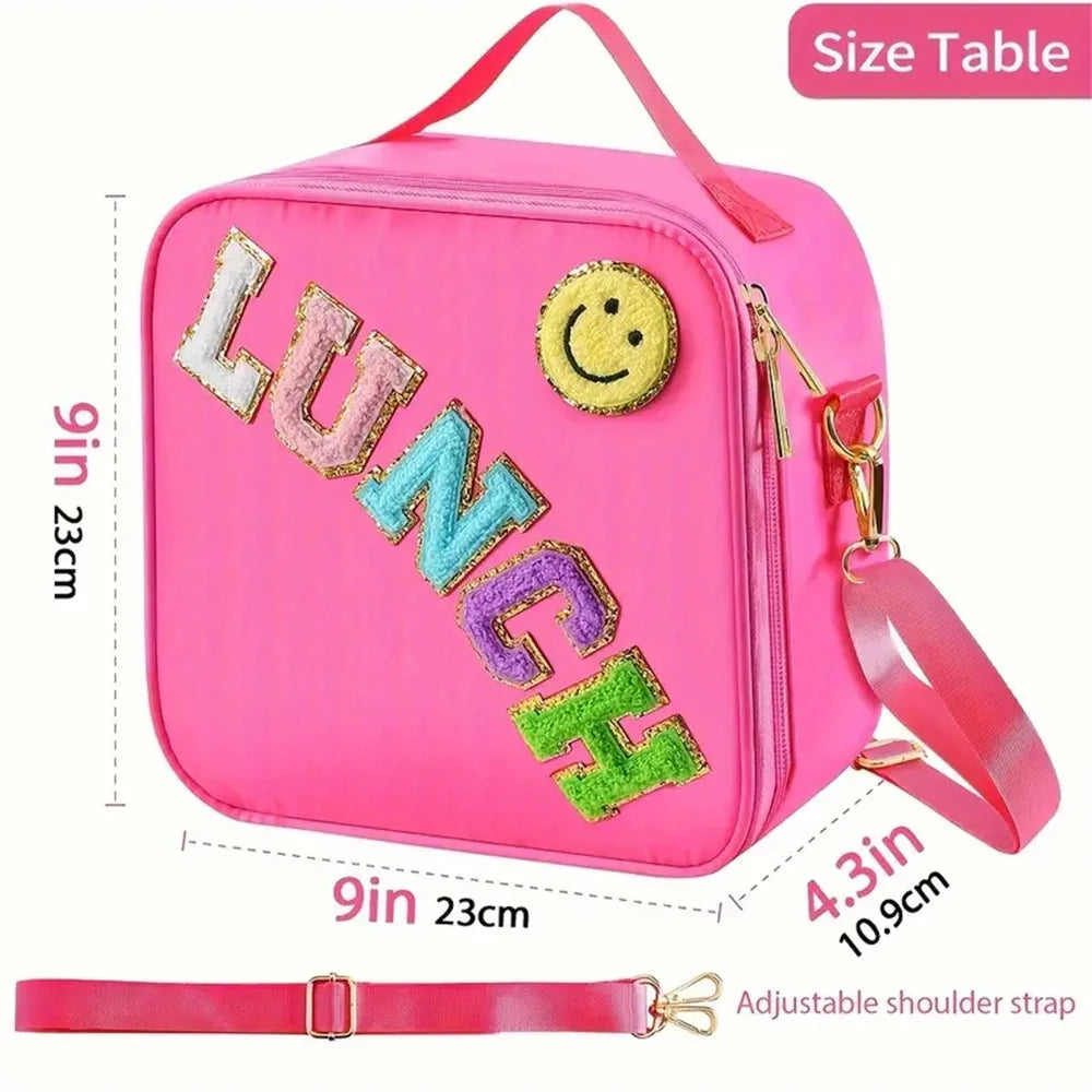 Adjustable Strap Insulated Lunch Bag, Nylon Lunch Box Insulated Bag, With Chenille Letter Patch Decor, For School Travel PicnicB