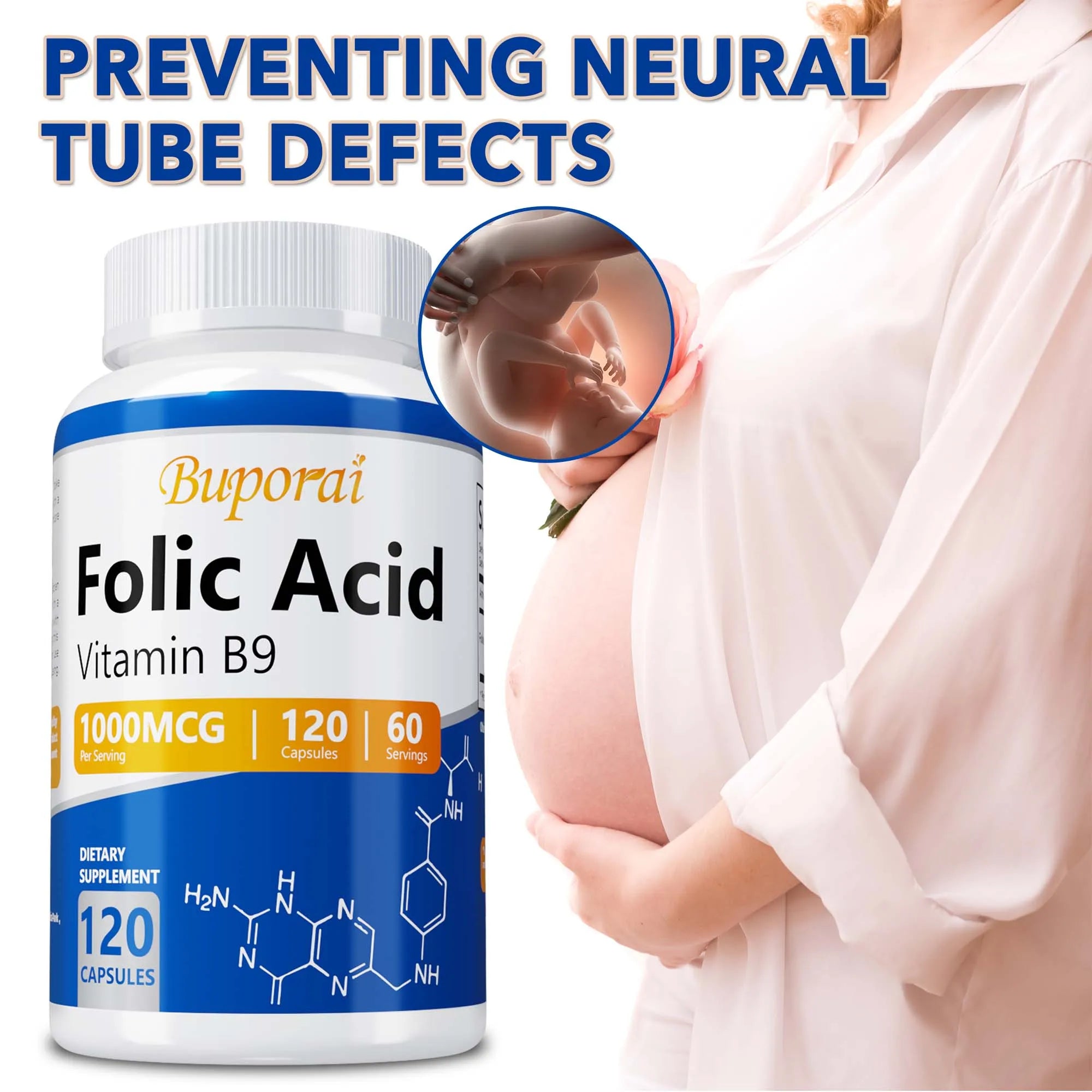 Folic Acid - Brain and Digestive Function, Liver Support, and Healthy Nervous System - 120 Capsules