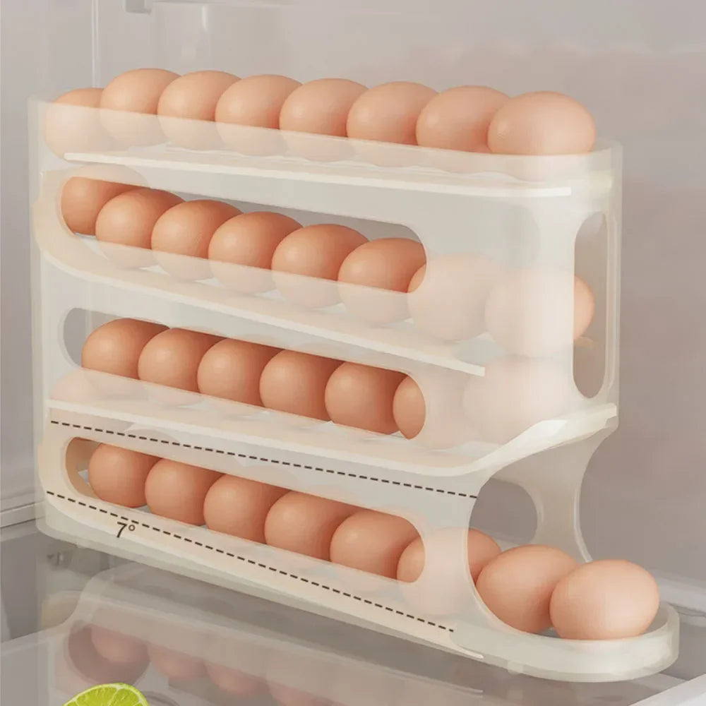 4-Layer Automatic Rolling Egg Holder | Fridge Organizer | Space-Saving Egg Dispenser