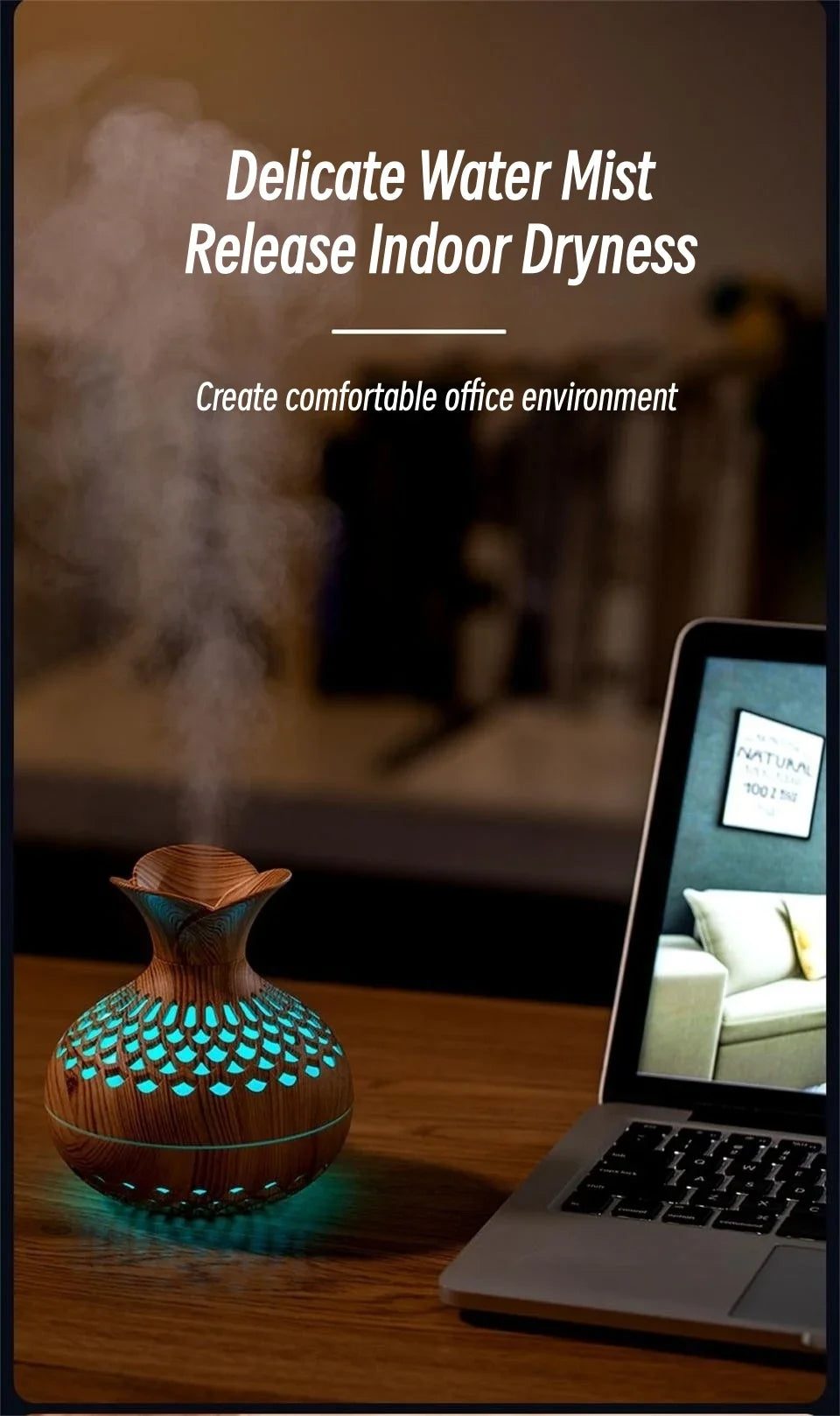 Humidificador Jarrón Veta de Madera | Difusor Ultrasónico | Purificador de Aire 🌿