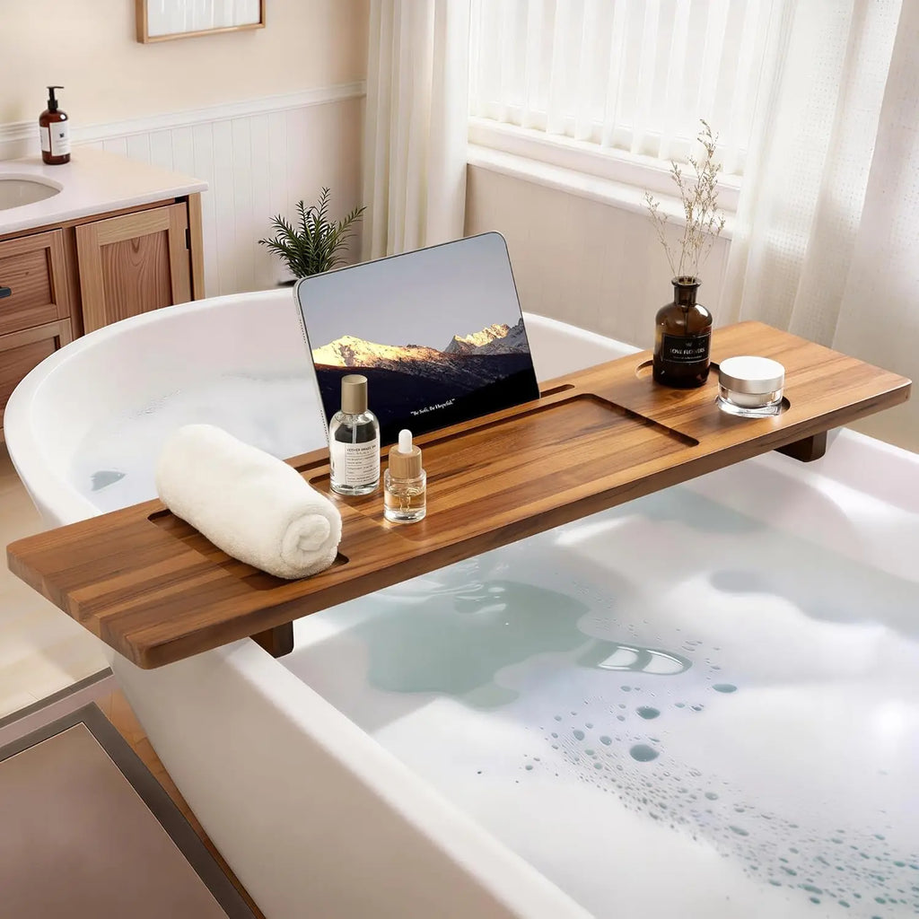 Teak Bathtub Tray - Wood Bath Caddy Tray 35" for Large Tubs - Adjustable Bathtub Table Trays - Luxury Shower Organizer f