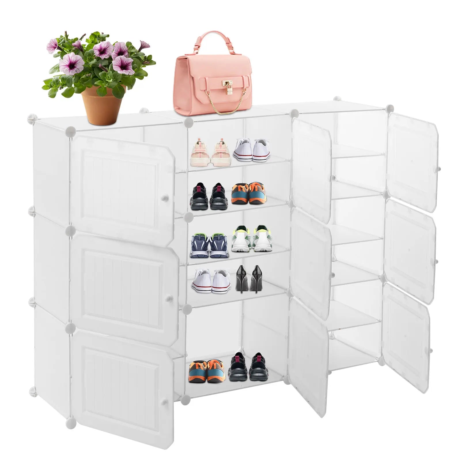 CNCEST Portable Shoe Rack 36 Pair Shoe DIY Storage Shelf Organizer Plastic Shoe Cabinet with Doors for Entryway