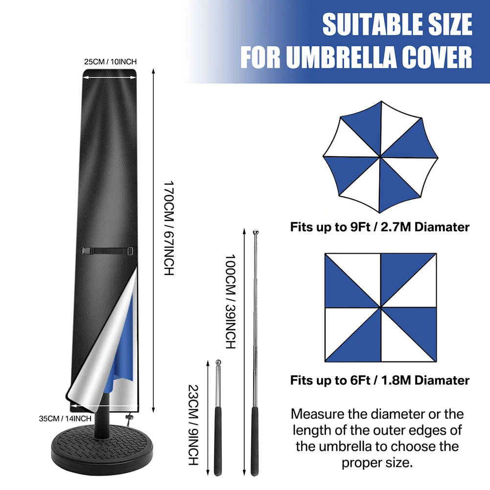 210D Straight Parasol Cover Waterproof Parasol Protective Cover with Zip Weatherproof UV-Anti Windproof Garden Umbrella Cover
