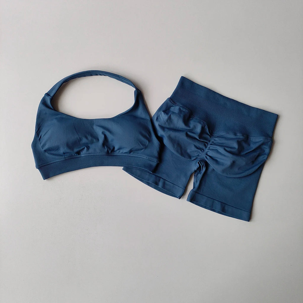 2 Pieces Yoga Suit for Women Seamless Fitness Gym Clothes Halter Sports Bra Matching Impact Shorts Workout Sets Gym Outfit