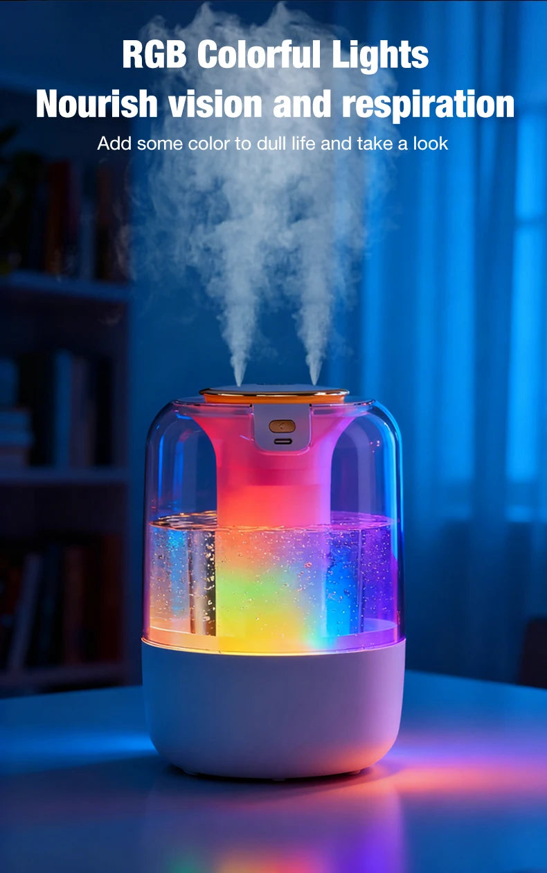 2200ML Air Humidifier USB Double Spray Port Mist Spray Heavy Fog Aroma Diffuser Essential Oils Color Light for Home Bedroom Gift