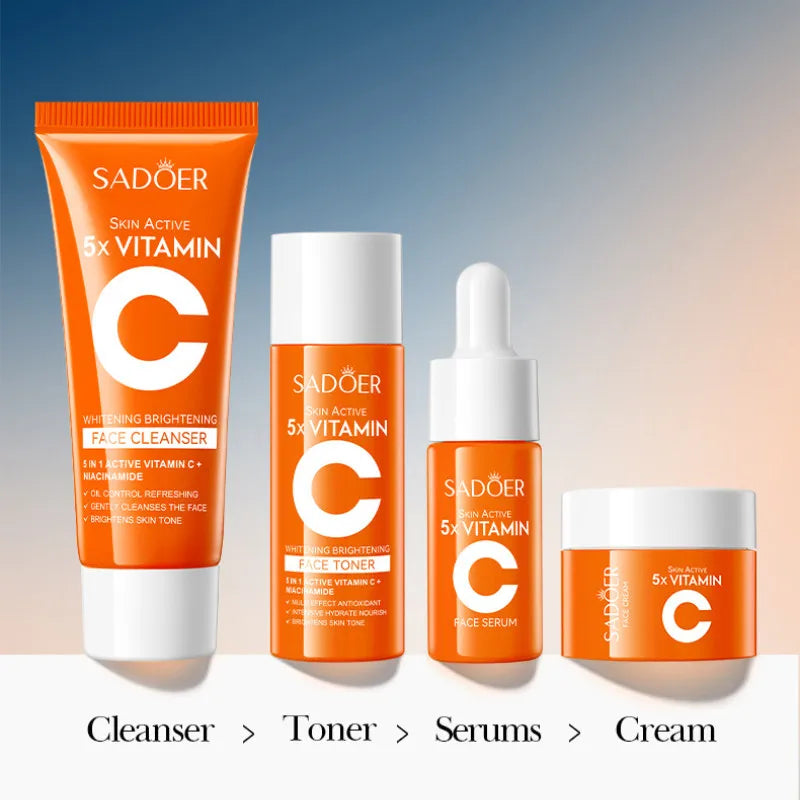 SADOER Vitamin C Skincare Kit 5-in-1 | Cleanser, Toner, Serum & Cream | Travel Set