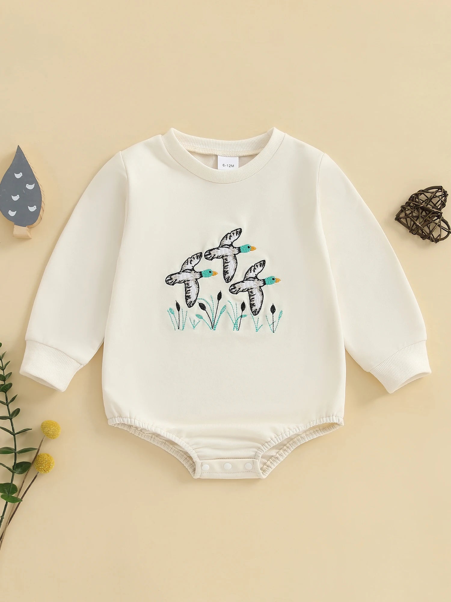 Infant Boys Fall Overalls with Long Sleeves and Crew Neck Featuring Adorable Duck Embroidery on Sweatshirt Style Romper - Firu Total Sales