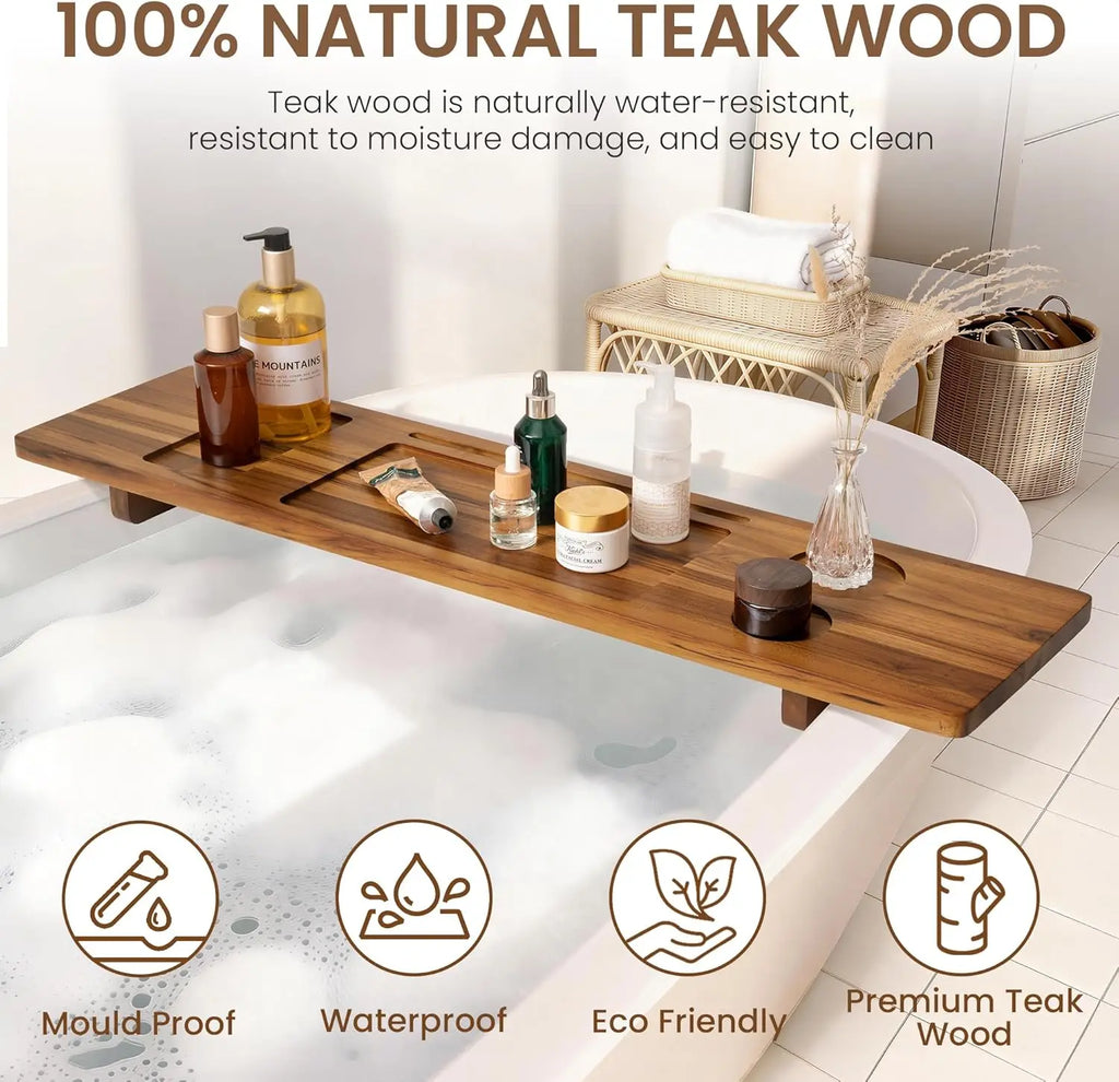 Teak Bathtub Tray - Wood Bath Caddy Tray 35" for Large Tubs - Adjustable Bathtub Table Trays - Luxury Shower Organizer f