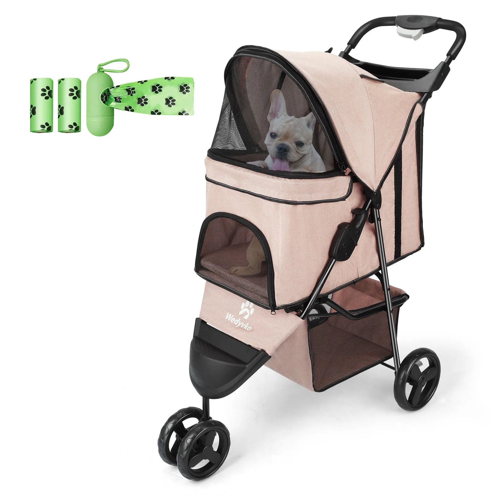 carreola para mascotas perro 3 Wheel Foldable Cat Dog Stroller with Storage Basket, Handle 360° Pet Dog Stroller - Firu Total Sales