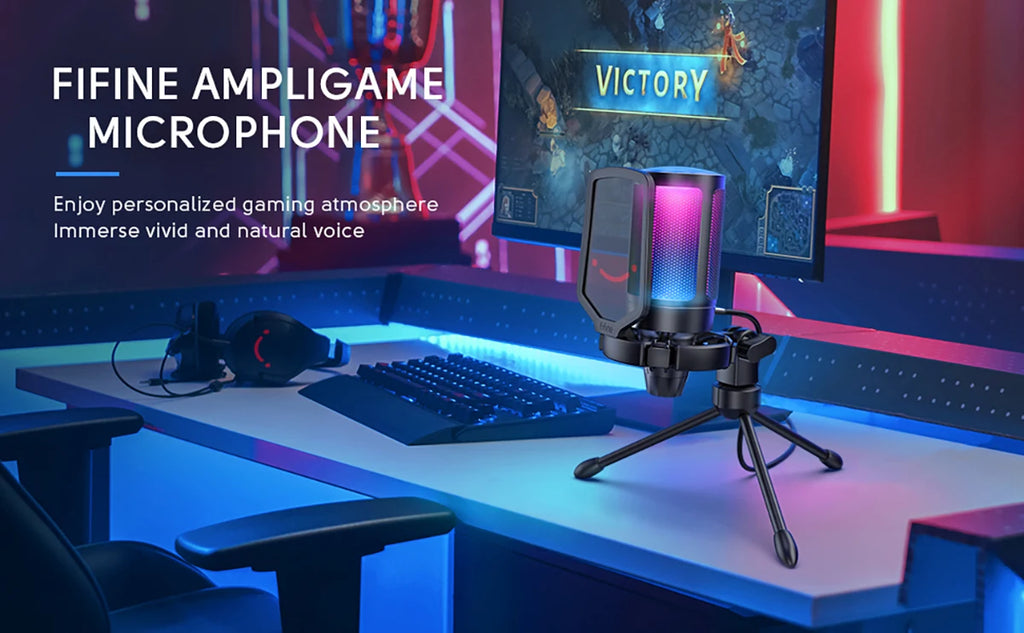 FIFINE Ampligame USB Microphone for Gaming Streaming with Pop Filter Shock Mount&Gain Control,Condenser Mic for PC/MAC