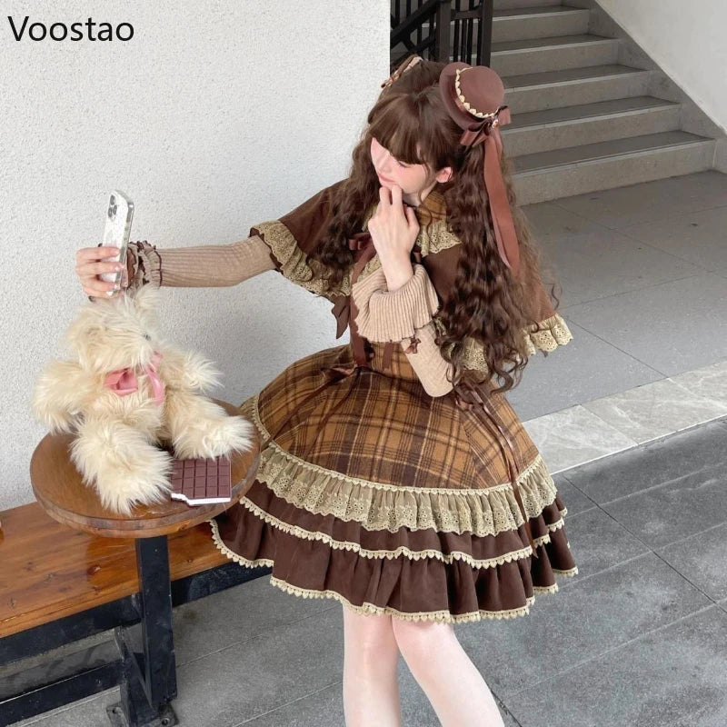 Japanese Cute Lolita Style 3 Piece Set Women Sweet Lace Bow Peter Pan Collar Cloak Top Plaid Mini Dress Korean Harajuku Y2k Suit