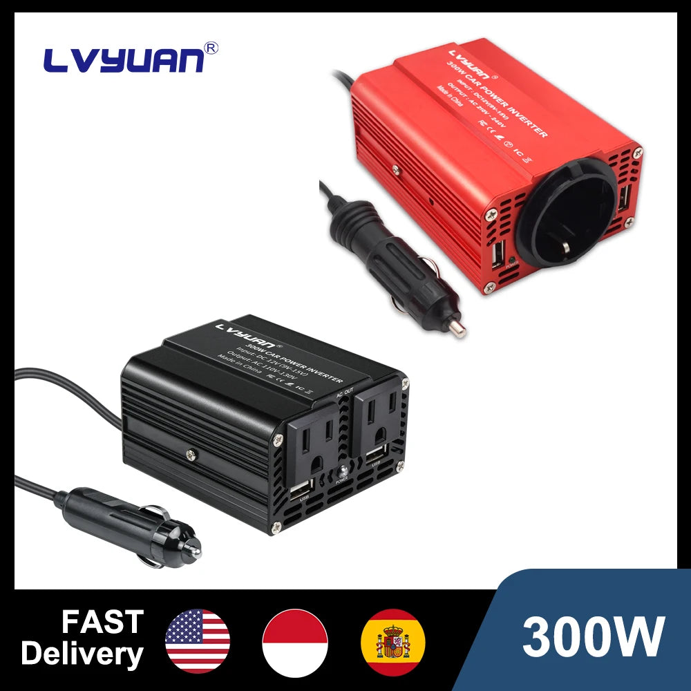 Inversor de Corriente Foval 300W | DC 12V a AC 110V/220V | Dual USB | Cargador Coche | Enchufe EU/US - Firu Total Sales