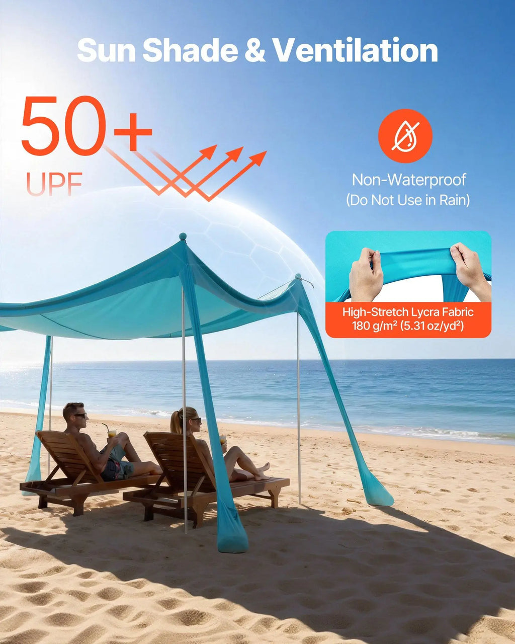 Beach Tent Sun Shelter, UPF50+ Sun Protection, 6.6 ft Tall, 10 x 10 ft, Easy Pop Up Beach Canopy with Sandbags, Stability Poles