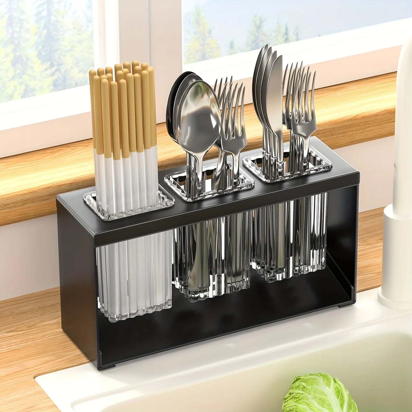 1pc Multifunctional Drain Rack with Built-in Storage Box for Kitchen Utensils Forks Spoons Knives