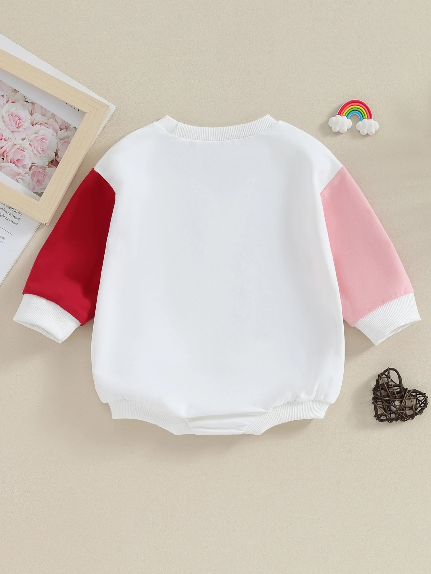 Infant Girls Valentine s Day Jumpsuit with Heart Print and Long Sleeve Crew Neck Contrast Color Sweatshirt Romper - Firu Total Sales