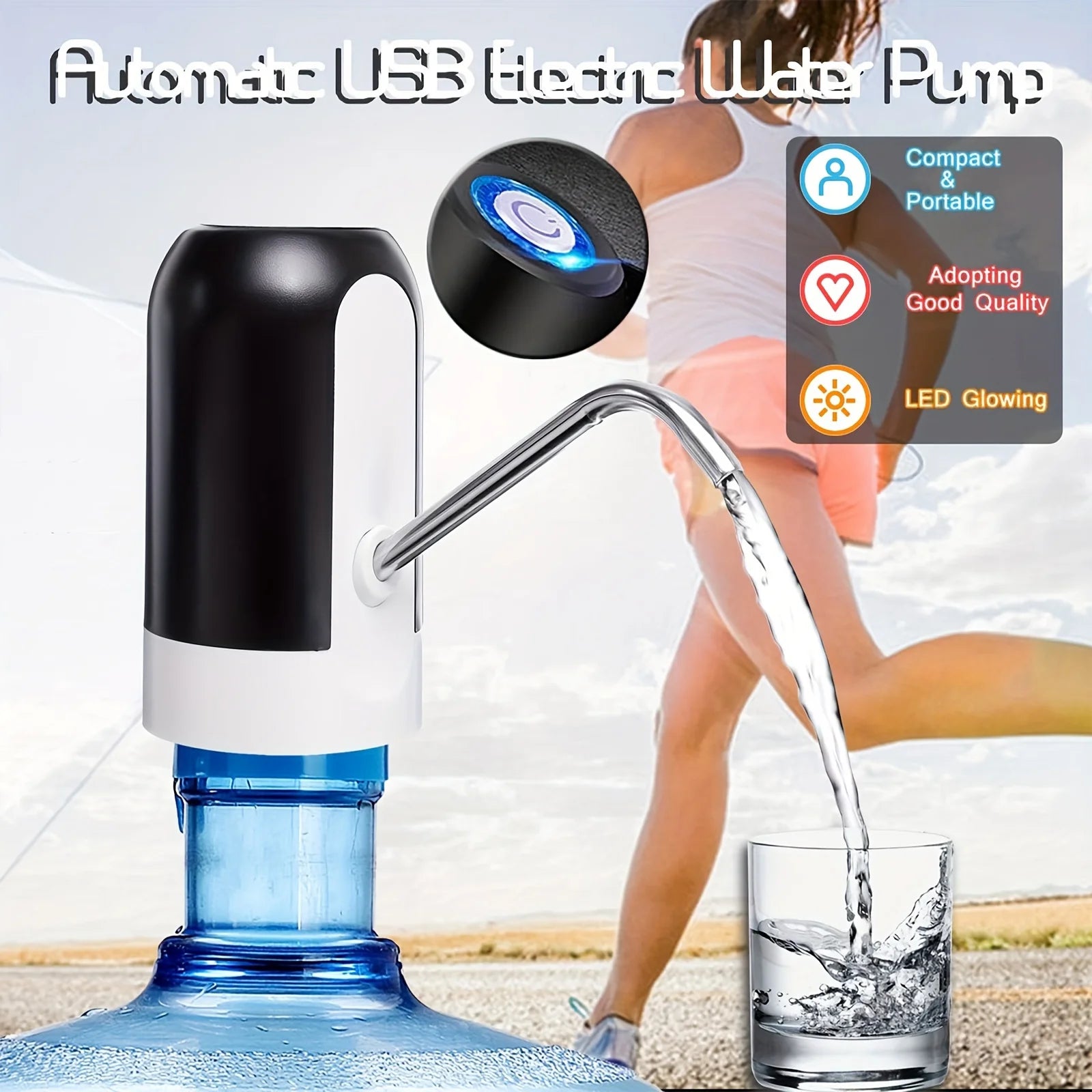 USB Water Bottle Pump for 5 Gallon Jug | Automatic Hands-Free Dispenser for Camping, Office & Home