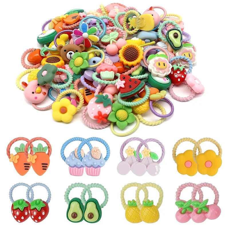 30Pcs Soft Elastic Hair Ties Elastic Bands With Fun Animal Fruit Patterns Perfect For Kids Daily Hair Care