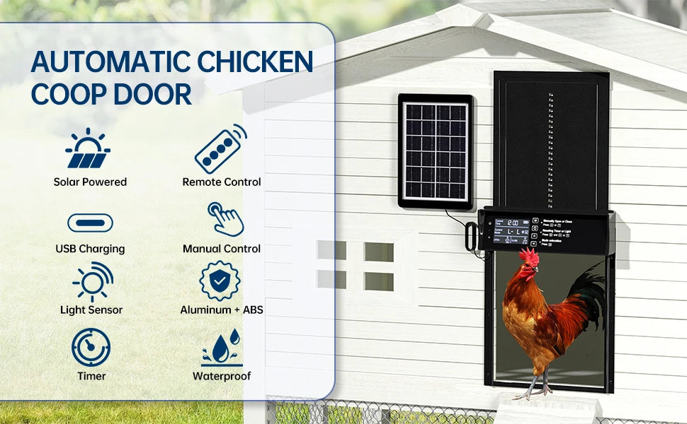 Solar Chicken Coop Door, Automatic Chicken Door Solar Powered & USB Charging, Auto Chicken Door 4 Modes with Timer & Light Senso