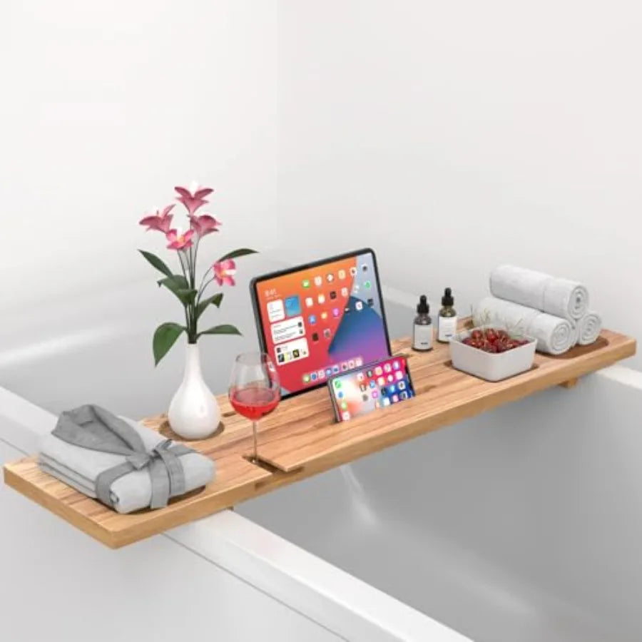 Bathtub Tray for Freestanding Bath Solid Pine Wood Bath Tray for Tub Bath Caddy for Home Spa Adjustable Bathtub Trays for Tub w