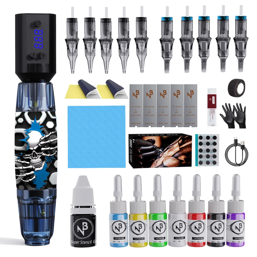 Wireless Tattoo Pen Kit, Wireless Tattoo Machine, Includes 10 Tattoo Needles and 2 Disposable Cap Tattoo Ink Cups, Tattoo Pen Machine Pen Holder, Transfer Paper and Other Tattoo Supplies, Suitable for Tattoo Beginners and Tat