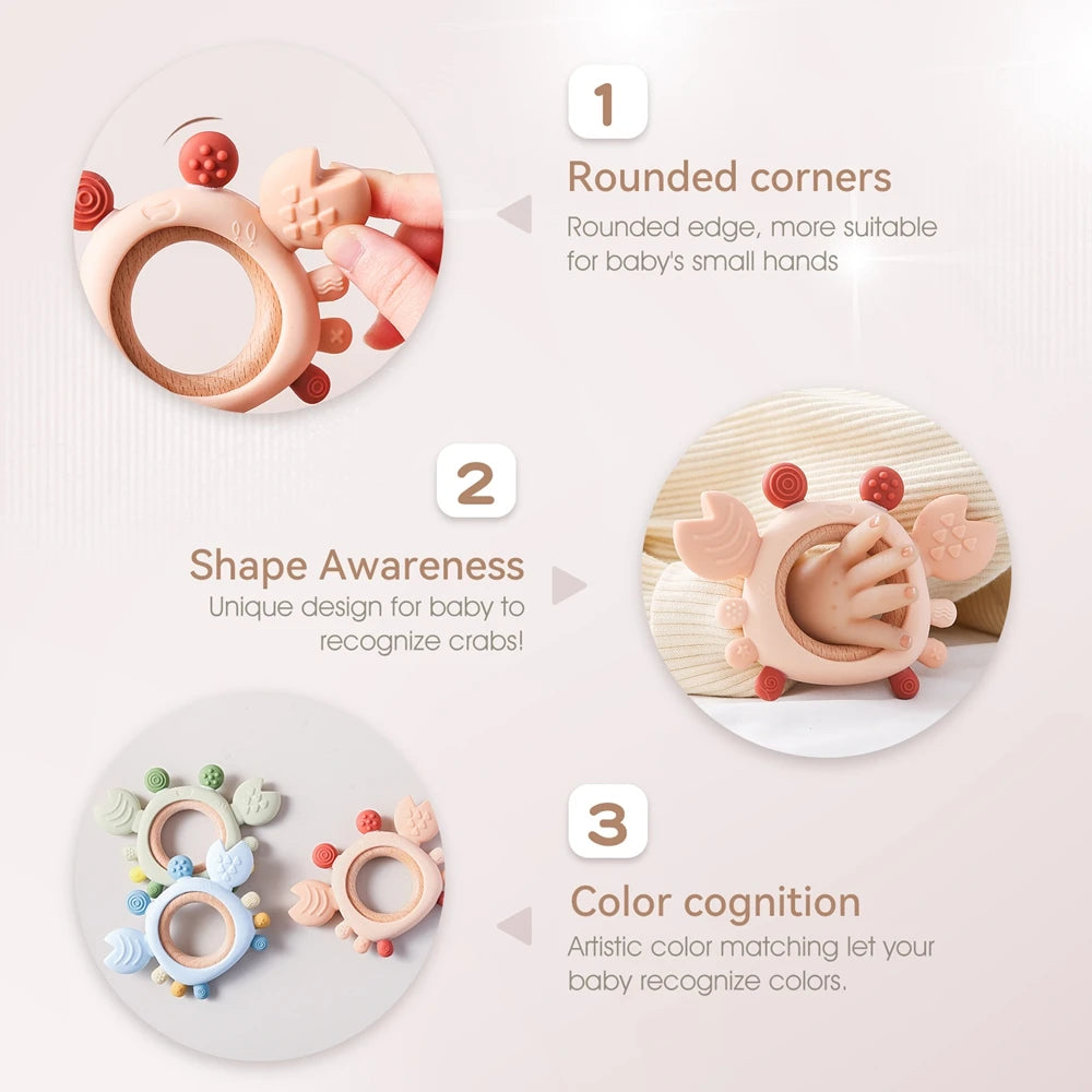 Crab Silicone Teether with Wooden Ring — BPA Free | Baby 0-6 Months