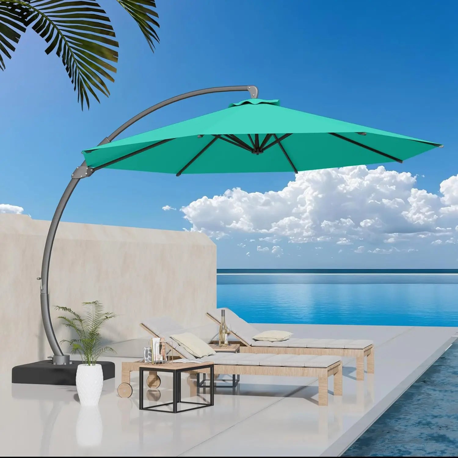 11ft round Aluminum Patio Umbrella with Base - Offset Cantilever Design 360° Rotating Customizable Large Outdoor Shade Umbrella