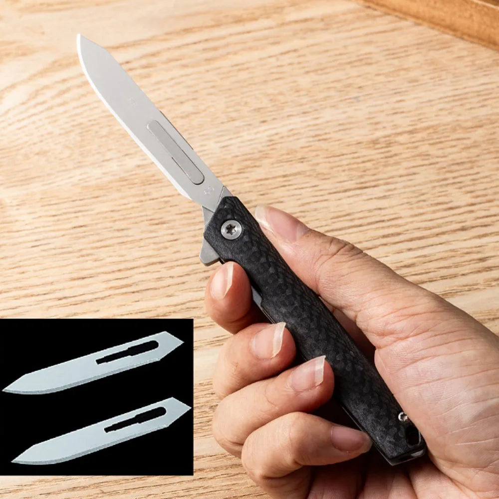 Small Folding Scalpel Knife Carbon Fibre Handle Utility Knives With Clip Compact Keychain Boxcutter Replaceable Blades