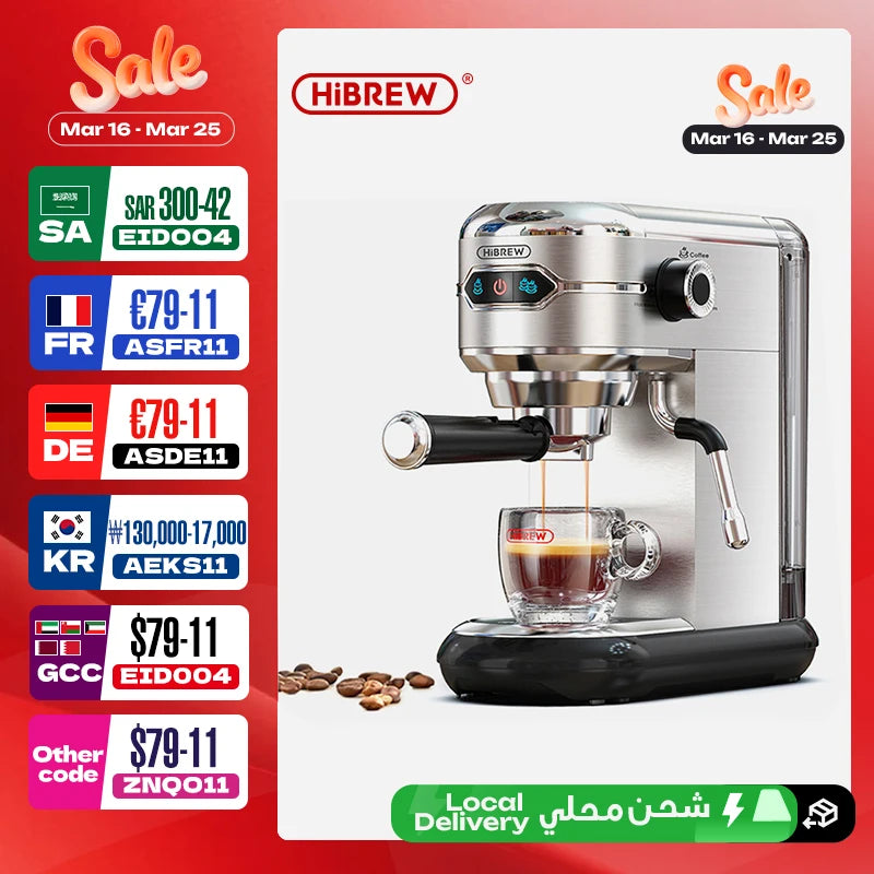 HiBREW H11 Cafetera Espresso 20 Bar | Inox | Semi Automática | ESE POD y Polvo | Cappuccino | Agua Caliente - Firu Total Sales