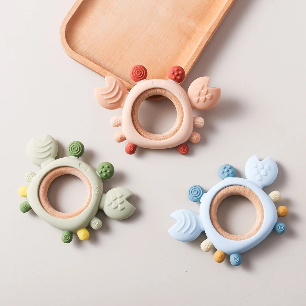Crab Silicone Teether with Wooden Ring — BPA Free | Baby 0-6 Months