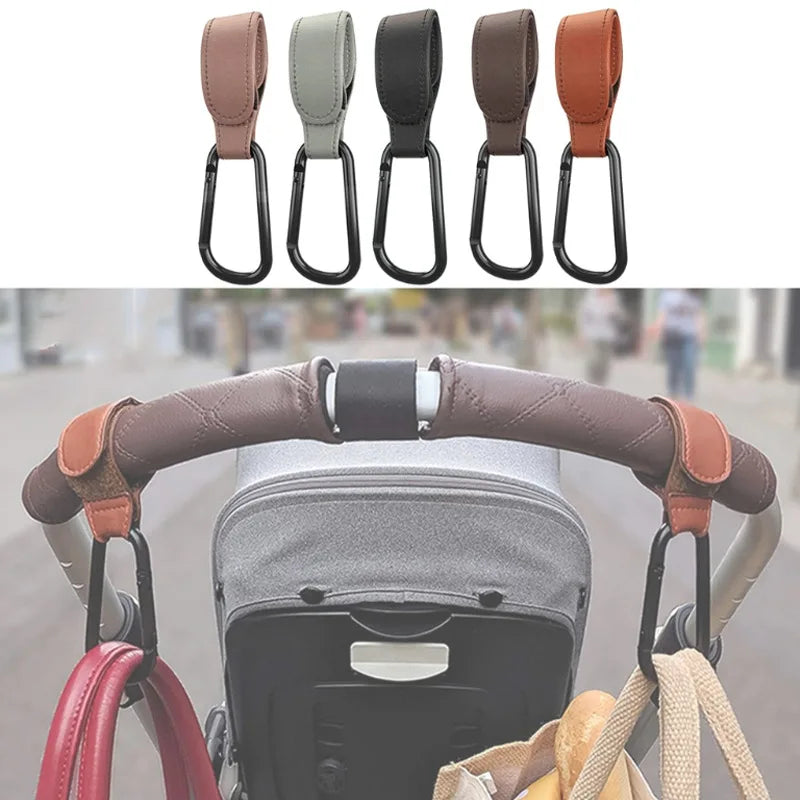 Gancho para Cochecito de Bebé | Cuero PU Ajustable | Organizador de Bolsas y Pañaleras
