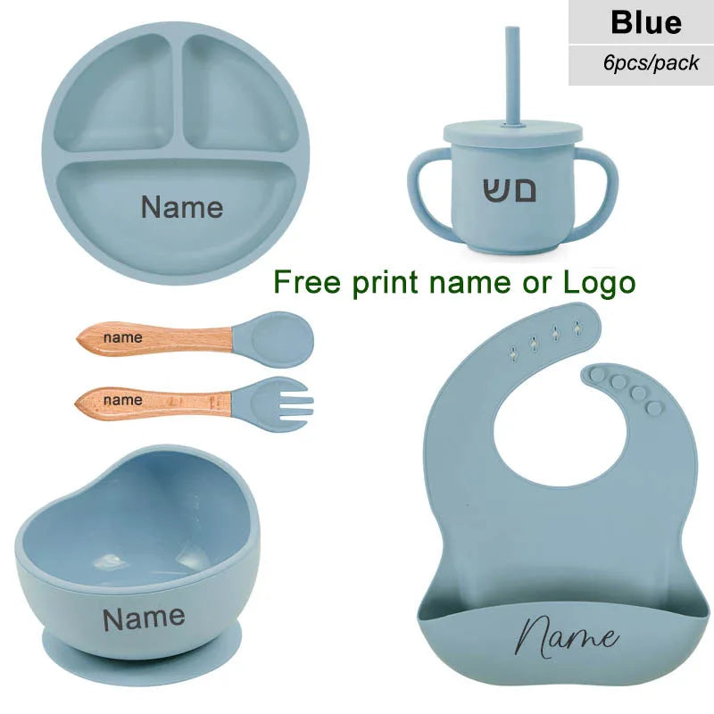 Set 6pcs Vajilla de Silicona para Bebé | Bol, Plato, Cuchara, Tenedor, Babero y Vaso 🍼