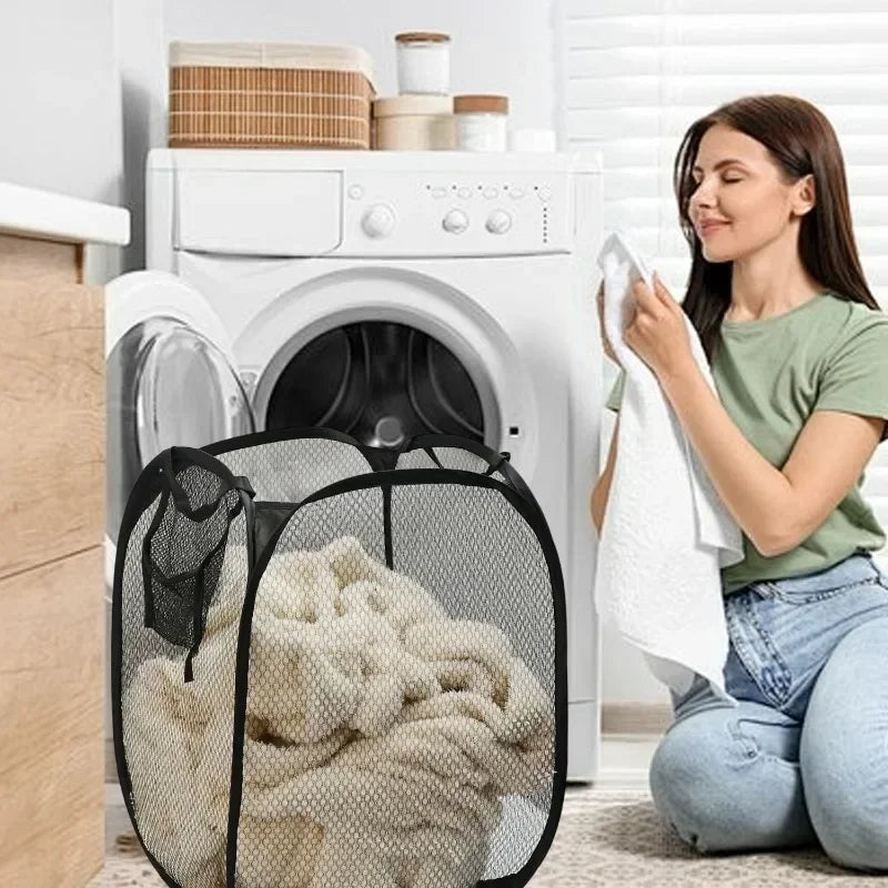 Folding Dirty Laundry Sorting Basket Washing FrameBathroomCloth MeshStorage BagFrame Bucket LaundryOrganizers Storage Pouch