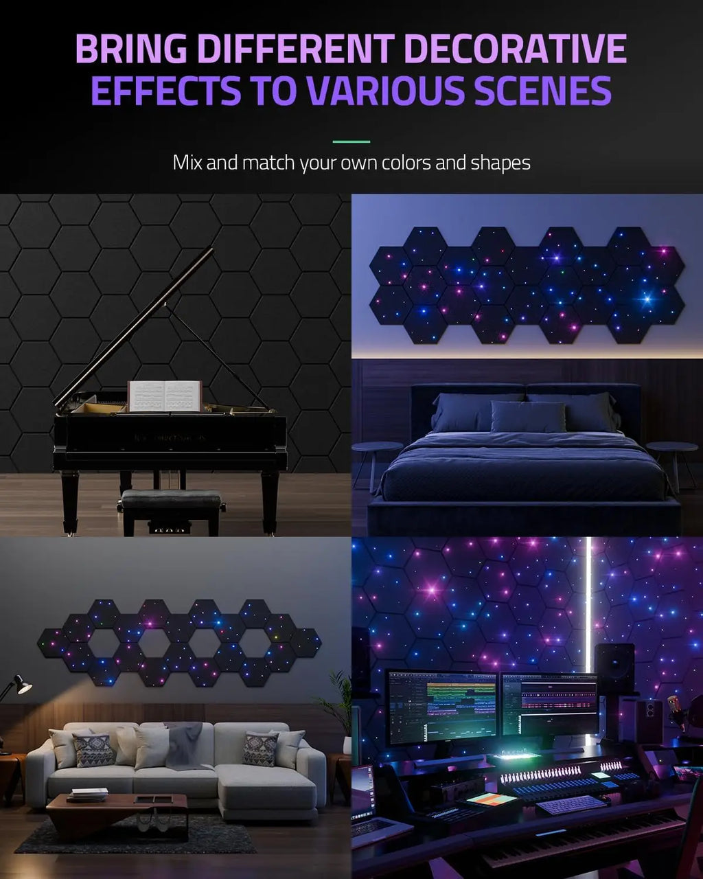12 Pack Self-adhesive Hexagon Acoustic Foam Panels with Fiber Optic Starlight, Noise Absorbing Wall Decor Black