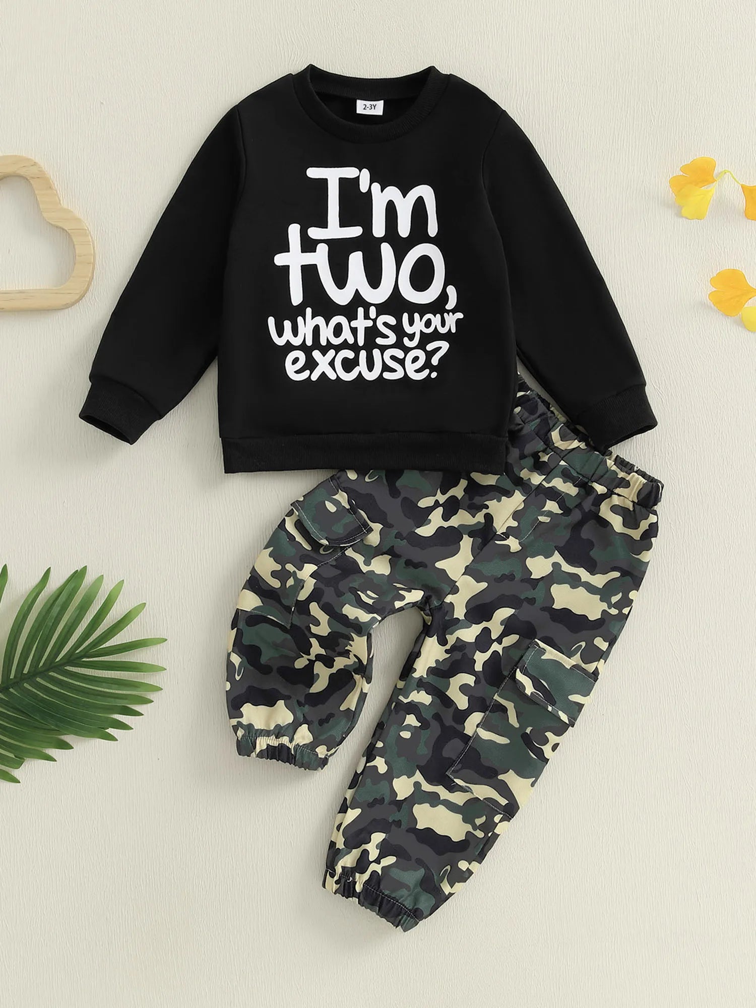 Toddler Boy Autumn Birthday Set with Letter Print Sweatshirt and Camo Pants Long Sleeve Outfit for Fall Celebration - Firu Total Sales