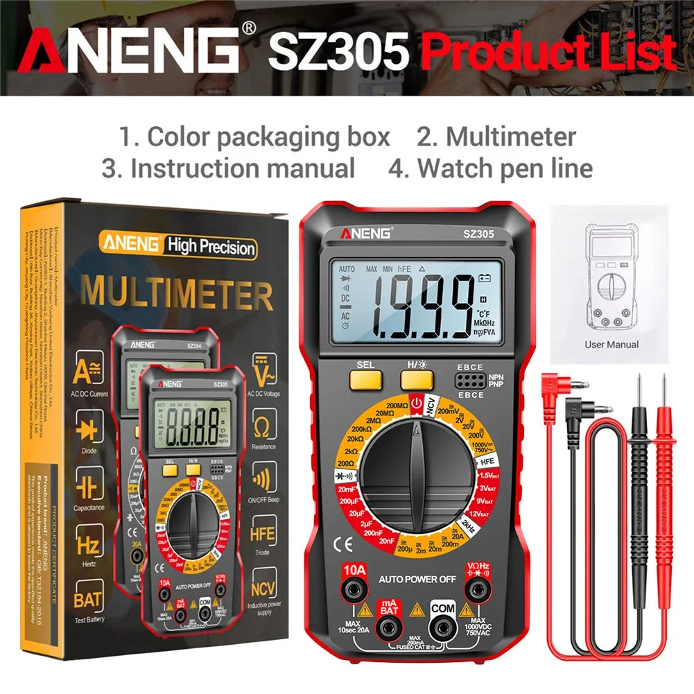 ANENG SZ308 Digital Multimeter AC/DC Current Meter Voltage Resistance Meter Electrician LCD Backlight Ohm Square Wave Test