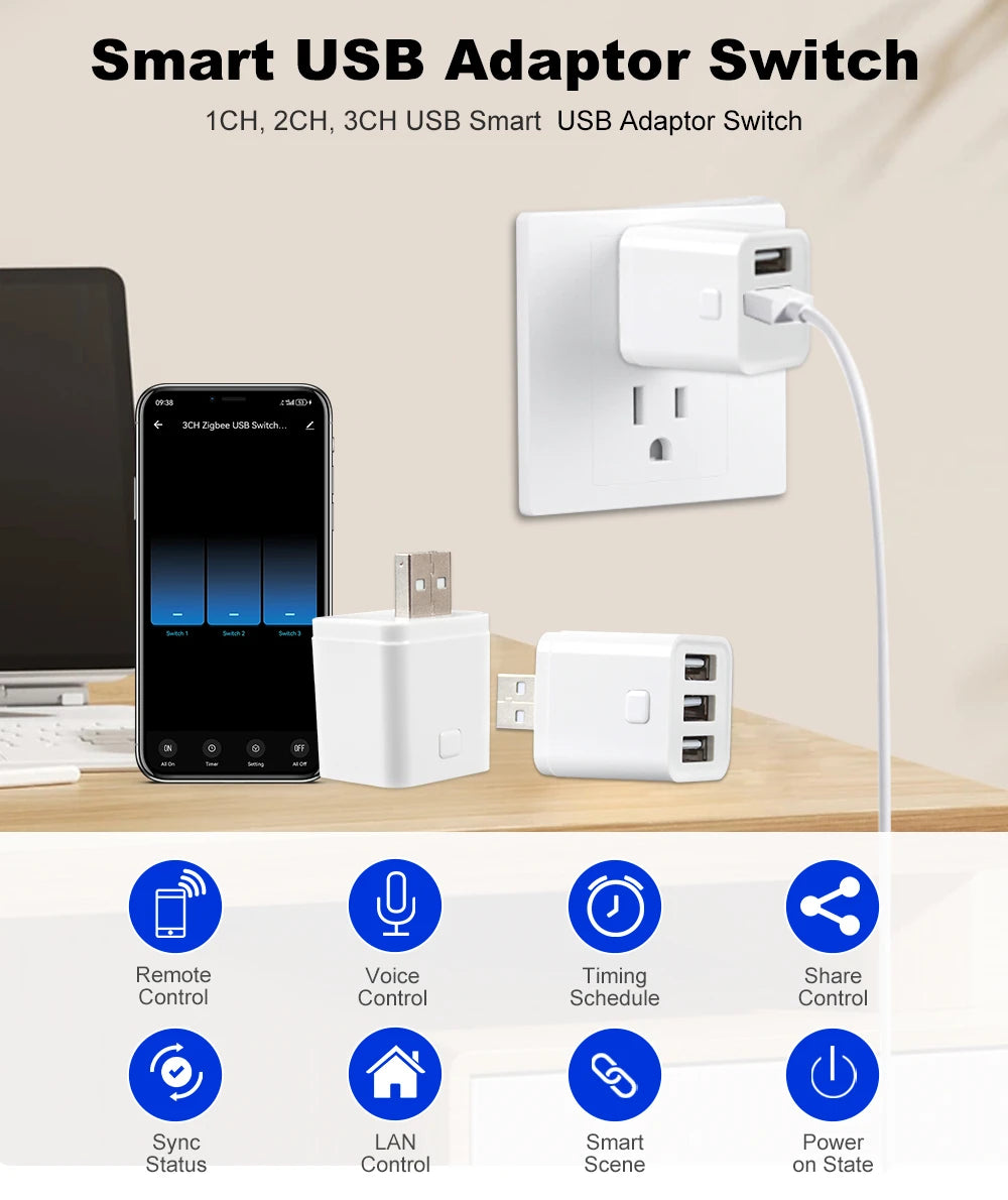Work With Tuya WiFi/Zigbee Smart Micro 1 2 3 USB Adaptor Switch 5V Mini USB Power Adaptor Plug for Alexa Google Yandex Alice