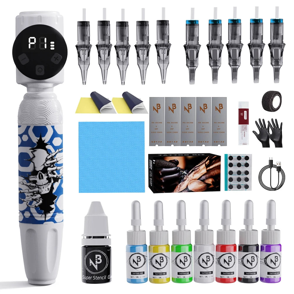 Tattoo gun kit, complete tattoo gun set, including 20 tattoo cartridge needles and 11 colors of tattoo ink, suitable for tattoo beginners and tattoo artists