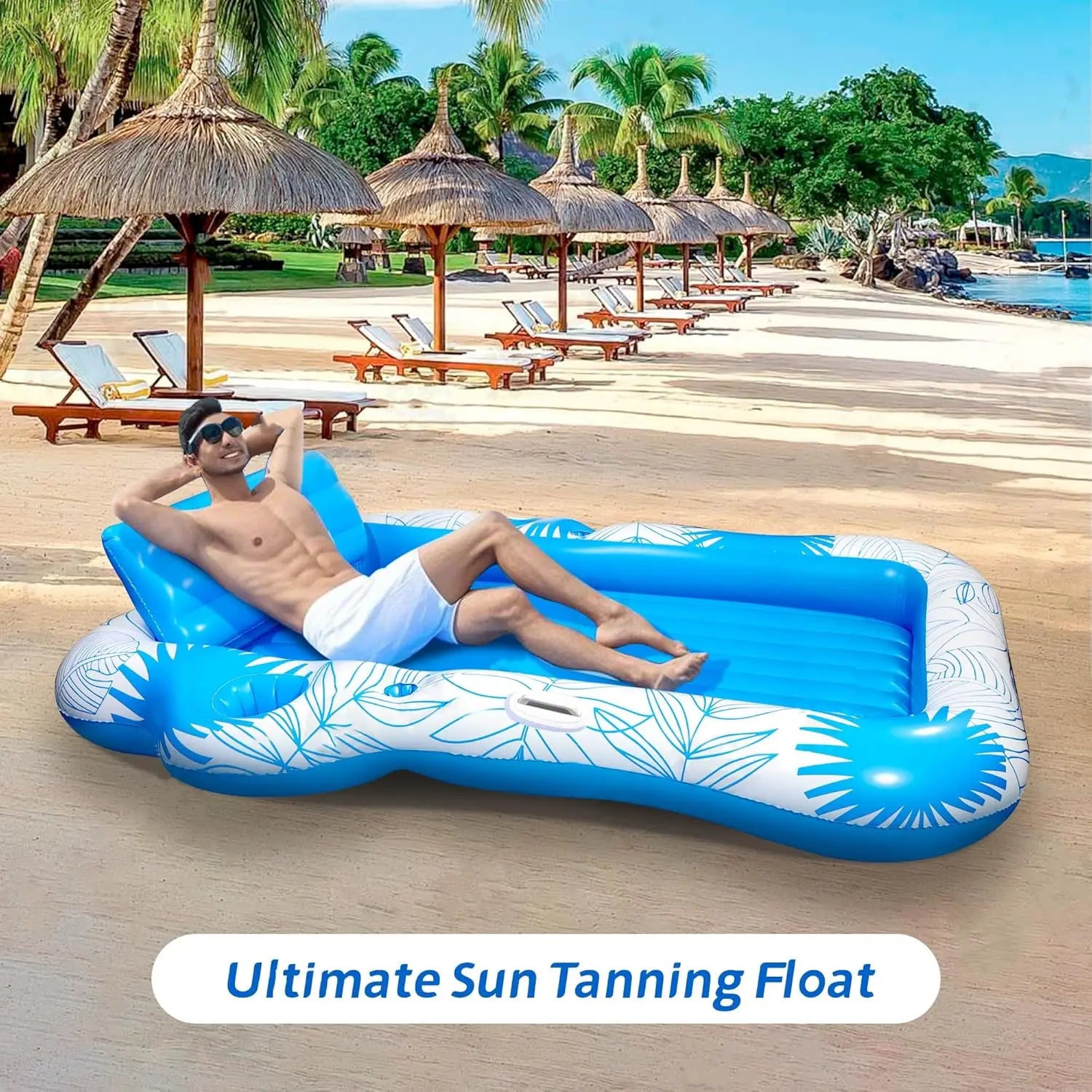 Extra Large Inflatable Pool Lounger Float for Adults with 2 Drink Holders, Beach Sun Tan Tub Raft