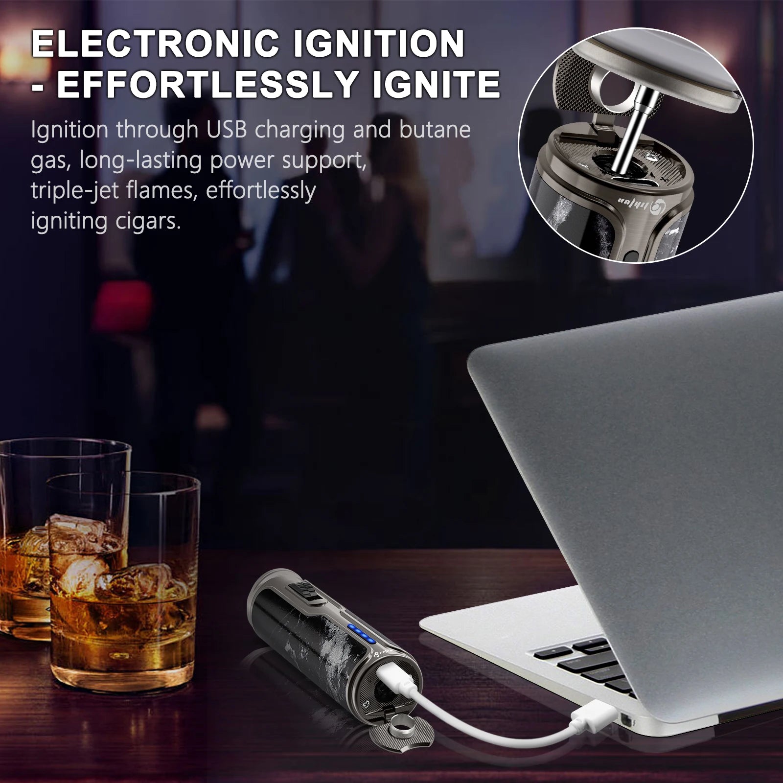 Cigar Lighter with Cigar Punch Holder,Windproof Electric Torch Lighter,Refillable Butane Lighters for Smoking with Gift Box