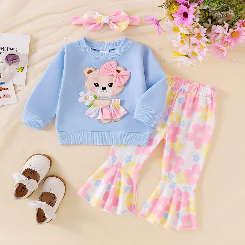 Cute Toddler Girl Autumn Ensemble Bear Embroidered Sweatshirt Floral Flare Pants Headband - 3 Piece Set for Fall