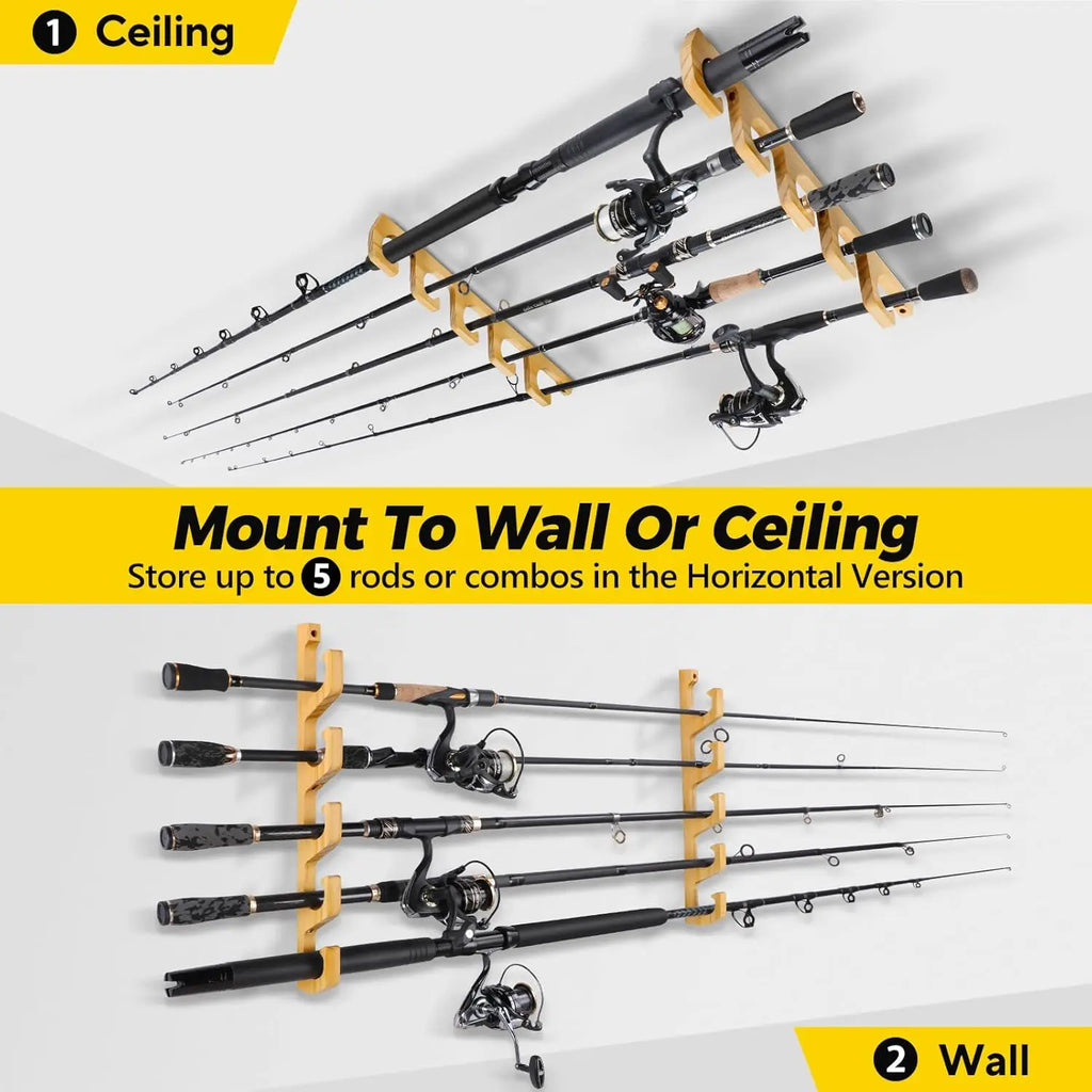 Horizontal Fishing Rod Holder for Garage, Wall or Ceiling Mounted Rack, Solid Wood Holds up to 20 Rods or Combos